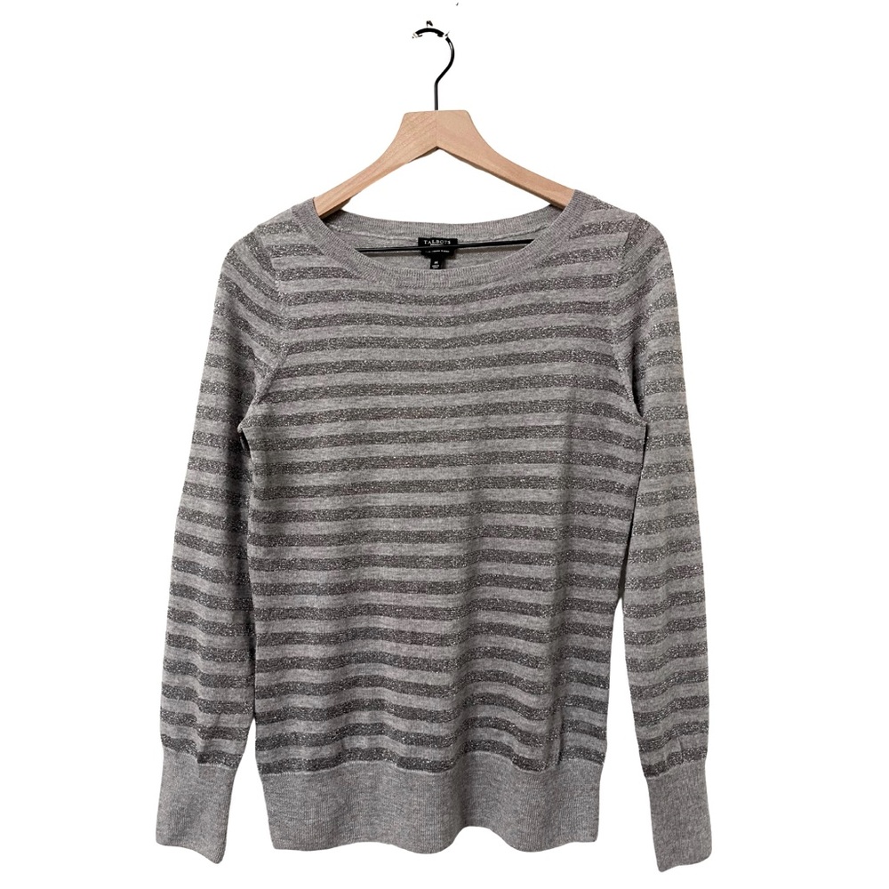 Talbots Gray Metallic Stripe Merino Wool Holiday Inspired Sweater Size Medium